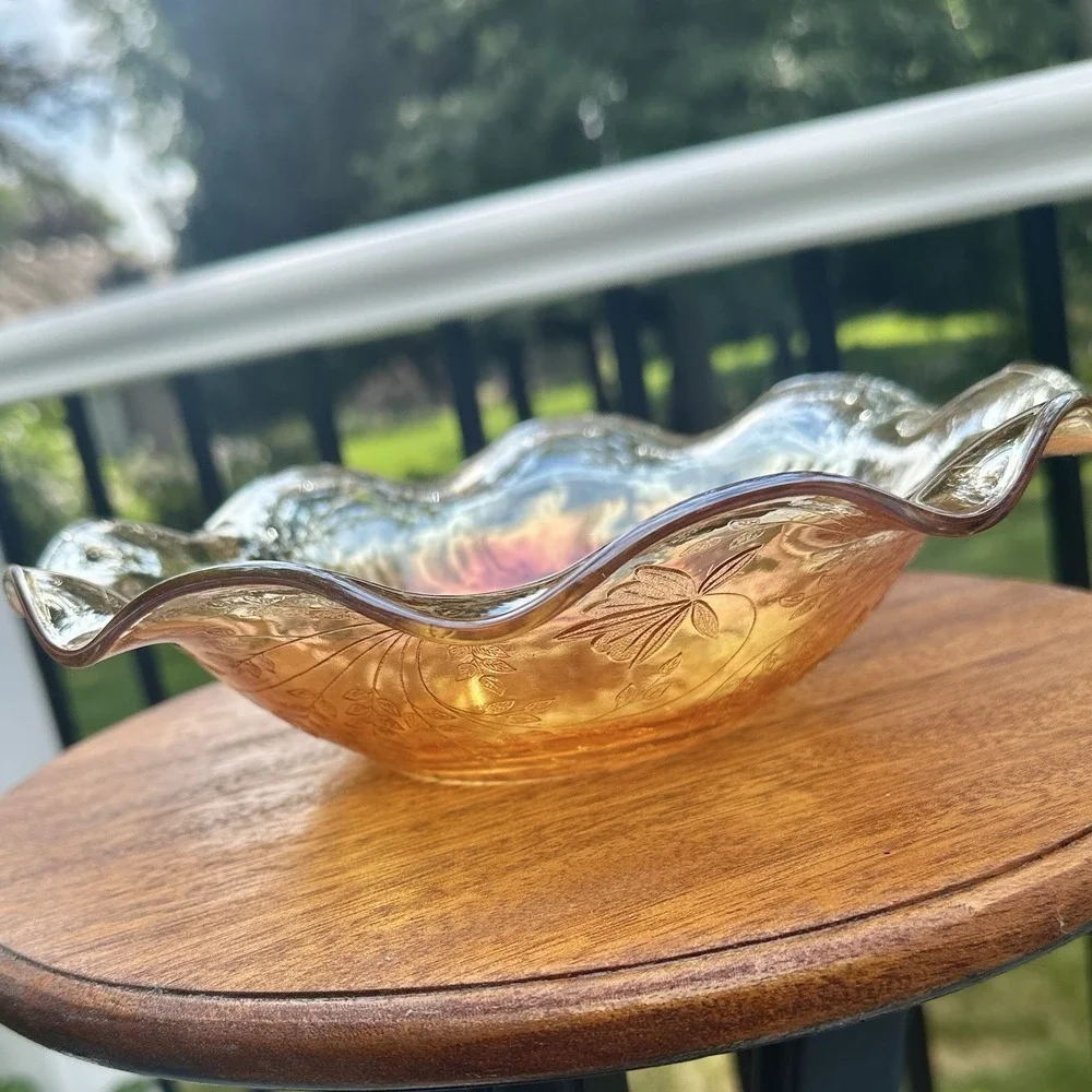 Jeanette Carnival Glass Bowl Vtg Iridescent Orange Floragold Louisa Ruffled 9.5